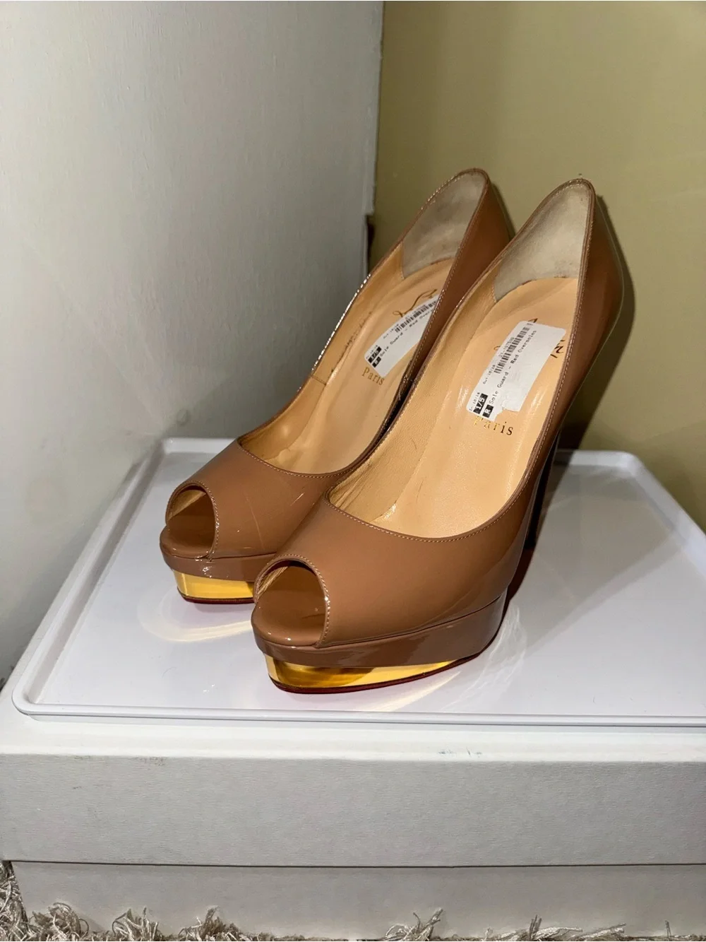 Christian Louboutin Nude Patent Platform High Heel Pumps - Women